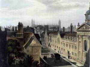Exterior do Pembroke College, de uma janela do Peterhouse, Cambridge, de 