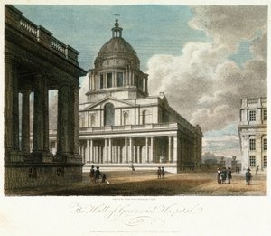 Vista do Hospital de Greenwich (Kent, Inglaterra), descrição da cúpula e do canto nordeste do pátio do Rei Guilherme (William), com a fachada norte do salão pintada por trás, e com parte do pátio e da capela da Rainha Maria de Frederick (after) Nash