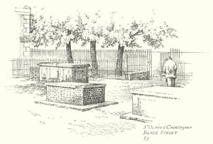 Cemitério da Igreja de St Olave, Silver Street (litografia) de Frederick Adcock
