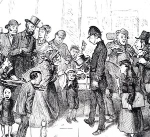 Um polícia e transeuntes a tentar ajudar uma criança perdida. de Frederick Barnard