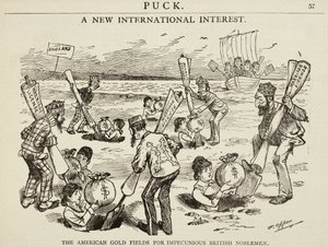 Desenhos animados que descrevem "os campos de ouro americanos para impecunious nobres britânicos", 1880