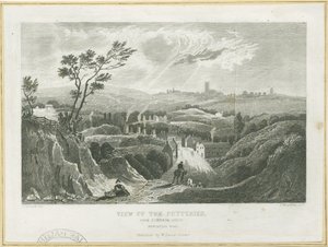 Burslem - Vista das Olarias: gravura, nd [c 1830] de Frederick Calvert
