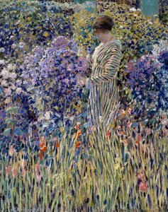 Mulher no jardim, cerca de 1912, pintura de Frederick Carl Frieseke (1874-1939), óleo sobre tela, 81x65 cm