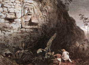 O caçador e o seu guia diante da cabeça maia de Itzam Na de Frederick Catherwood