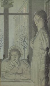 Interior - noite de 1915 (lápis, lavagem e guache) de Frederick Cayley Robinson