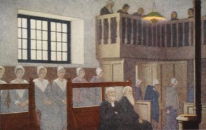 Santos Quaker: Uma reunião de amigos (litografia a cores) de Frederick Cayley Robinson