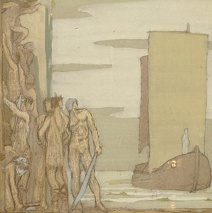 Aterragem de São Patrício na Irlanda, c.1912 (têmpera sobre madeira) de Frederick Cayley Robinson