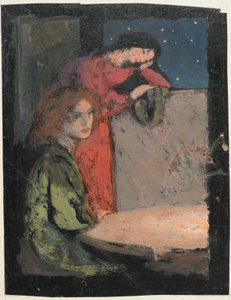Duas meninas por uma mesa Olhar para fora em uma noite estrelada, 1905 (tempera no cartão) de Frederick Cayley Robinson
