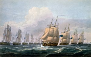 Capitão Beresford em HMS Teseu liderando seu esquadrão de navios de "The Naval Chronology of Great Britain", de J. Ralfe, 1820