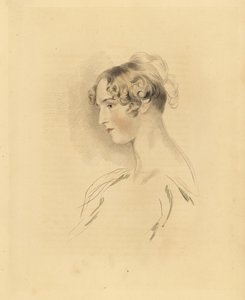 Retrato de Mary Isabella Bloxam como uma jovem mulher, sobrinha de Sir Thomas Lawrence. Com o cabelo para cima e encaracolada, com um vestido fora dos ombros. Gravura de Frederick Christian Lewis depois de uma ilustração de Sir Thomas Lawrence do Gabinete 