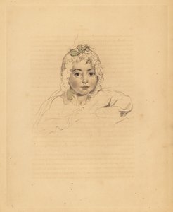 Retrato de Mary Isabella Bloxam, sobrinha de Sir Thomas Lawrence. No gorro com fita. Gravura gravada à mão por Frederick Christian Lewis após uma ilustração de Sir Thomas Lawrence do Gabinete de Gemas de P.G. Patmore, Ackermann, Londres.
