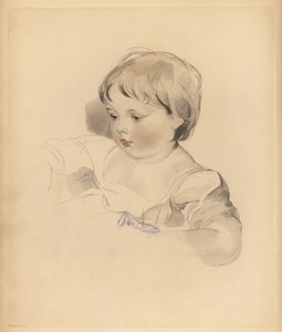 Retrato de Rowland Bloxam, sobrinho de Sir Thomas Lawrence. Rapaz gorducho de vestido atado com fita azul. Gravura manuscrita de Frederick Christian Lewis depois de uma ilustração de Sir Thomas Lawrence do Gabinete de Gemas de P.G. Patmore, Ackermann, Lond de Frederick Christian Lewis