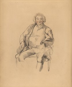 Retrato do pai de Sir Thomas Lawrence, o estalajadeiro Thomas Lawrence. Um homem de peruca sentado numa cadeira. Gravura manuscrita de Frederick Christian Lewis depois de uma ilustração de Sir Thomas Lawrence do Gabinete de Gemas de P.G. Patmore, Ackermann
