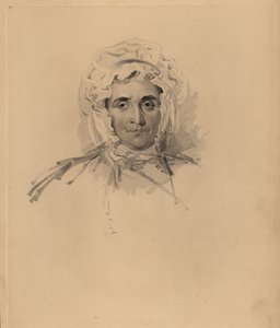 Retrato da mãe de Sir Thomas Lawrence, Lucy Read, perto da morte. De touca e vestido de pescoço alto. Gravura manuscrita de Frederick Christian Lewis depois de uma ilustração de Sir Thomas Lawrence do Gabinete de Gemas de P.G. Patmore, Ackermann, Londres.