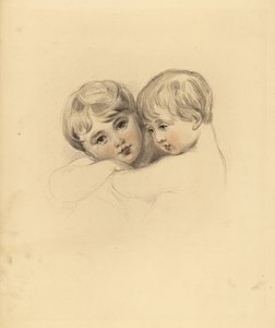 Retrato das crianças Calmeady em um abraço. Gravura manuscrita de Frederick Christian Lewis depois de uma ilustração de Sir Thomas Lawrence do Gabinete de Gemas de P.G. Patmore, Ackermann, Londres. de Frederick Christian Lewis