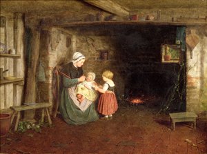 Expectativa: Interior de uma casa de campo com uma mãe e filhos, 1854
