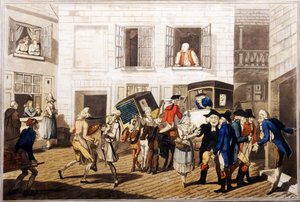 Inn Yard em Calais, pub. por William Holland, Londres, 1790 (aquatinta colorida à mão) de Frederick George Byron