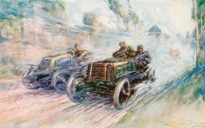 Um piloto britânico, Charles Jarrott, vence o Circuit des Ardennes de 1902 com o famoso "70" Panhard (lito colorido)