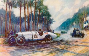 O primeiro sucesso da América em um Grande Prêmio ocorreu quando o Duesenberg de Jimmy Murphy foi bem sucedido em Le Mans em 1921 (lito colorido)