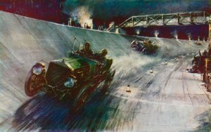 Em 1907 S F Edge, dirigindo o Napier sozinho, conseguiu manter 60 mph por 24 horas, o primeiro recorde na nova pista de Brooklands (lito a cores) de Frederick Gordon (after) Crosby