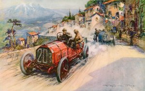 O campeão italiano, Felice Nazzaro, e o Fiat ganhando o Targa Florio de 1907, tendo a combinação ganho anteriormente o Grande Prémio e o Kaiserpreis (cor litho)