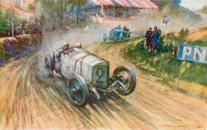 Lautenschlager com a Mercedes alemã e Boillot com a Peugeot francesa em sua grande luta durante o Grande Prêmio de 1914 (lito a cores)