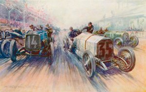 Lautenschlager Mercedes branca no Grande Prêmio de 1908, uma corrida em que os pneus foram gastos em grandes quantidades (lito colorido)