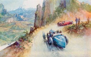 Bugatti Materassi de 2 litros sobrealimentado ultrapassando um Maserati no percurso sinuoso do Targa Florio de 1927 (cor litho)