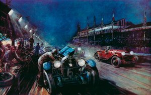 Um dos carros de sucesso Lorraine-Dietrich reabastecendo no pit durante a corrida noturna nas 24 horas de Le Mans (lito a cores)