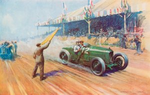 Sir Henry Segrave marcando a primeira vitória britânica num Grande Prémio com o Raio de Sol de dois litros no circuito Tours (cor litho)