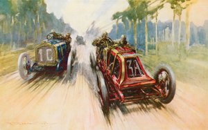 O Renault vermelho de Szisz, muito ajudado pelo facto de ter tido jantes destacáveis pela primeira vez, é o vencedor do primeiro Grande Prémio (cor litho)