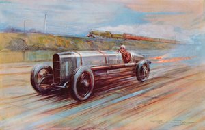 O aeromotor de 12 cilindros Sunbeam tornado famoso por K Lee Guinness em Brooklands e o carro mais rápido de 1922 (cor litho)