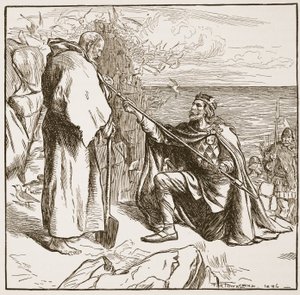 Egfrid su rindo St. Cuthbert, ilustração de "A Igreja da Inglaterra: Uma História para o Povo" por HDM Spence-Jones, pub. c.1910 (foto sépia) de Frederick Henry Townsend