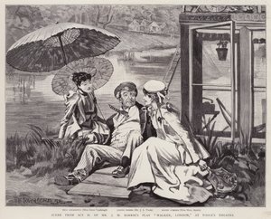 Os atores ingleses Irene Vanbrugh, John Lawrence Toole e Mary Ansell numa produção da peça de J M Barrie Walker, Londres, no Toole
