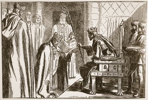 Investidura de um bispo saxão, ilustração de "A Igreja da Inglaterra: Uma História para o Povo" por HDM Spence-Jones, pub. c.1910 (foto sépia)