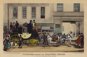 The Blenheim, Saindo do Hotel Star, Oxford (gravura colorida) de Frederick James Havell