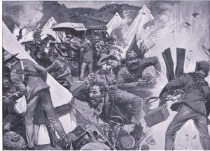 Boers saqueando o acampamento britânico no Nooitgedacht sob fogo de artilharia, de After Pretoria: The War Guerilla publicado pela Harmsworth Bros Limited, 1901