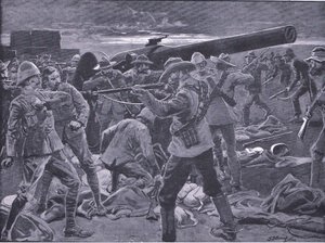 O ataque a Gun Hill: Os artilheiros do naval 47 surpreenderam, de After Pretoria: The Guerilla War publicado por Harmsworth Bros Limited, 1901 de Frederick Judd Waugh