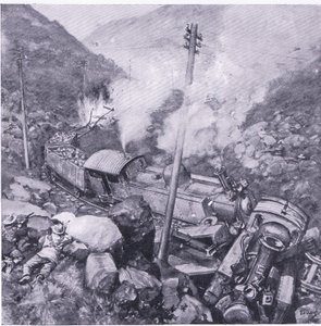 A destruição de um trem blindado perto de Vlakfontein, ilustração deAposta Pretoria: A guerra de guerrilha, 1902 de Frederick Judd Waugh