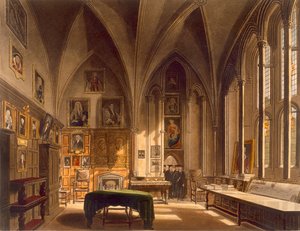 Interior da casa do capítulo, ilustração da "história de Oxford", gravada por J. Bluck (fl.1791-1831) pub. por R. Ackermann, 1813 (aquatinta)