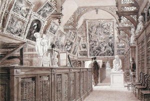 Interior da Antiga Escola Perseana, com uma selecção do legado do Senhor Fitzwilliam (lápis, escova e lavagem em papel) de Frederick Mackenzie
