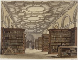 Interior da Biblioteca Pública, Cambridge, de "A História de Cambridge", gravado por Daniel Havell (1785-1826), pub. por R. Ackermann, 1815 (cor aquatint)