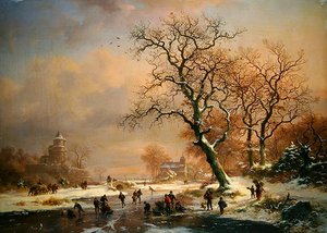 Paisagem de inverno congelada com patinadores