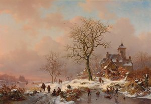 Paisagem do inverno com figuras brincando no gelo, 1868