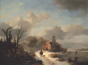 Paisagem de inverno com camponeses e figuras sobre o gelo
