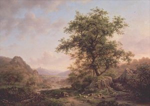 Paisagem arborizada com camponeses e animais no caminho