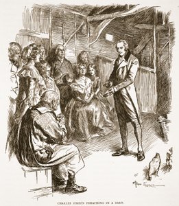 Charles Simeon pregando em um celeiro, ilustração de "A Igreja da Inglaterra: uma história para o povo" por HDM Spence-Jones, pub. c.1910 (foto sépia)