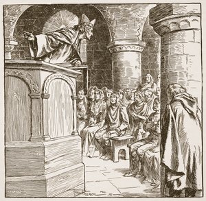 Último sermão de Dunstan, ilustração de "A Igreja da Inglaterra: Uma História para o Povo" de HDM Spence-Jones, pub. c.1910 (foto sépia)