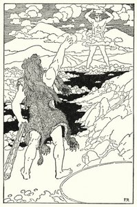 Hércules viu o rosto do gigante com todas as suas enormes características (litho)