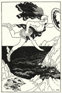Perseu voou cautelosamente para baixo, ainda mantendo os olhos no rosto da Medusa, como reflectido no seu escudo (litho)
